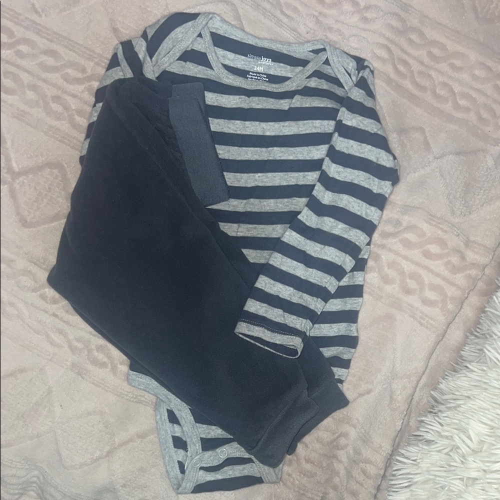 Striped Blue.ish and Gray Baby Onesie with Pants